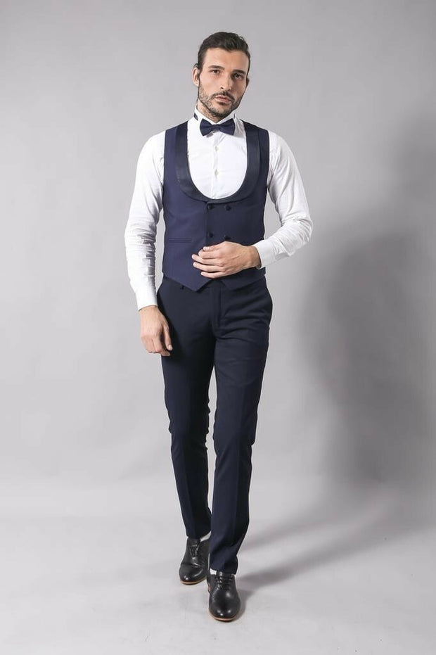 Navy Blue Vested Tuxedo | Wessi 3-piece-suit, 34, 36, 38, 40, 42, 44, 46, Blue, Double Breasted, Modern Fit, Navy, navy-blue, Party, Peak, Peak Lapel, Slim Fit, Slim Fit Suit, Suit, Wedding O