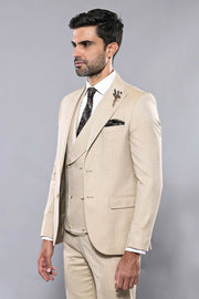 Patterned Beige Vested Suit | Wessi 3-piece-suit, 36, 38, 40, 42, 48, Brown, Modern Fit, Peak, Peak Lapel, Slim Fit, Slim Fit Suit, Suit SuitSlim Fit Suit - wessi