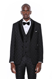 Plaid Dark Grey Velvet Lapel Groom Suit 3-piece-suit, 34, 36, 38, 40, 42, 44, 46, 48, Grey, mens-suit_obsolete, Modern Fit, Party, Peak, Peak Lapel, Slim Fit, Slim Fit Suit, Suit, Wedding Sui