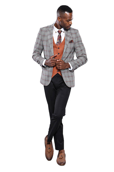 Checked Grey Orange Combined Suit | Wessi 3 Piece Suits, 3-piece-suit, 36, 38, 40, 42, 44, 46, Checked, Combined, Combined Suit, mens-suit, mens-suit_obsolete, Peak, Peak Lapel, Plaid, Suit S