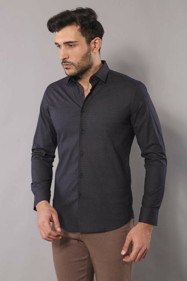 Self Coffee Color Point Pattern Smoked Color Slimfit  Shirt 3-piece-suit, Brown, Casual, Casual Shirt, Daily, Dot Patterned, Italian, Modern Fit, Patterned, Shirt, Slim Fit ShirtCasual Shirt 