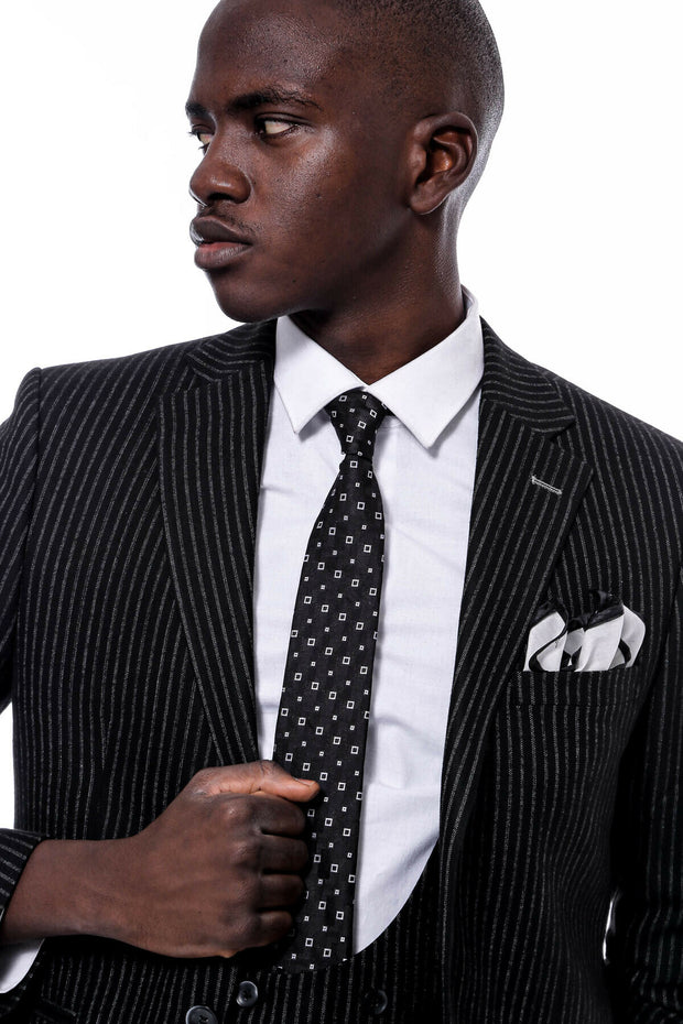 Striped Black Double Breasted Suit 36, 38, 40, 42, 44, 46, 48, Double Breasted, Modern Fit, New Season, Peak, Peak Lapel, Slim Fit, Striped Suit3 Piece Suits - wessi