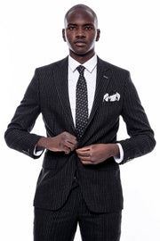 Striped Black Double Breasted Suit 36, 38, 40, 42, 44, 46, 48, Double Breasted, Modern Fit, New Season, Peak, Peak Lapel, Slim Fit, Striped Suit3 Piece Suits - wessi