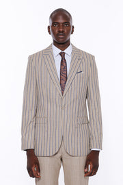 Striped Blazer Plain Pants Beige Suit 3-piece-suit, 36, 38, 40, 42, 44, 46, 48, mens-suit_obsolete, Modern Fit, Peak, Peak Lapel, Slim Fit, Slim Fit Suit, Striped, Suit SuitSlim Fit Suit - we