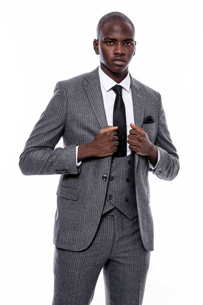 Striped Grey Double Breasted Suit $150 - $200, 3-piece-suit, 36, 38, 40, 42, 44, 46, 48, 6 Drop, Daily, Double Breasted, Italian, mens-suit_obsolete, Modern Fit, Office, Peak, Peak Lapel, Sli