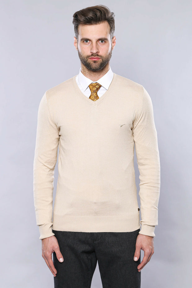 V Neck Cream Sweater | Wessi 3-piece-suit, Basic, Daily, Essentials, Knitwear, M, Modern Fit, Plain, S, Slim Fit, V Neck KnitwearV Neck - wessi
