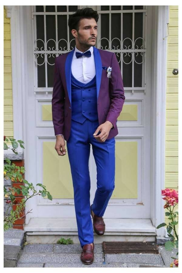 Vested Combined Burgundy Blue Tuxedo