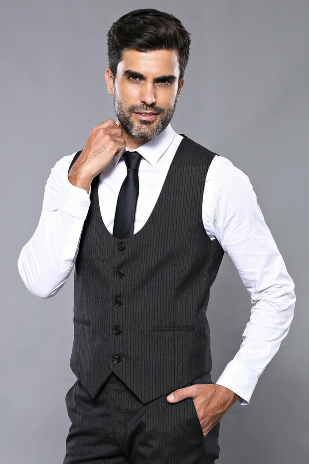 Patterned Dark Grey Vested Suit 3-piece-suit, 36, 38, 40, 44, Grey, Italian Suit, mens-suit_obsolete, Modern Fit, Peak, Peak Lapel, Slim Fit, Slim Fit Suit, Suit SuitSlim Fit Suit - wessi