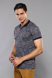 Navy Blue Floral Patterned Polo T-Shirt 3-piece-suit, Blue, Daily, Floral, Knit, Modern Fit, Navy, navy-blue, Patterned, Polo, Polo T-Shirt, Slim Fit, T-Shirt T-ShirtPolo T-Shirt - wessi
