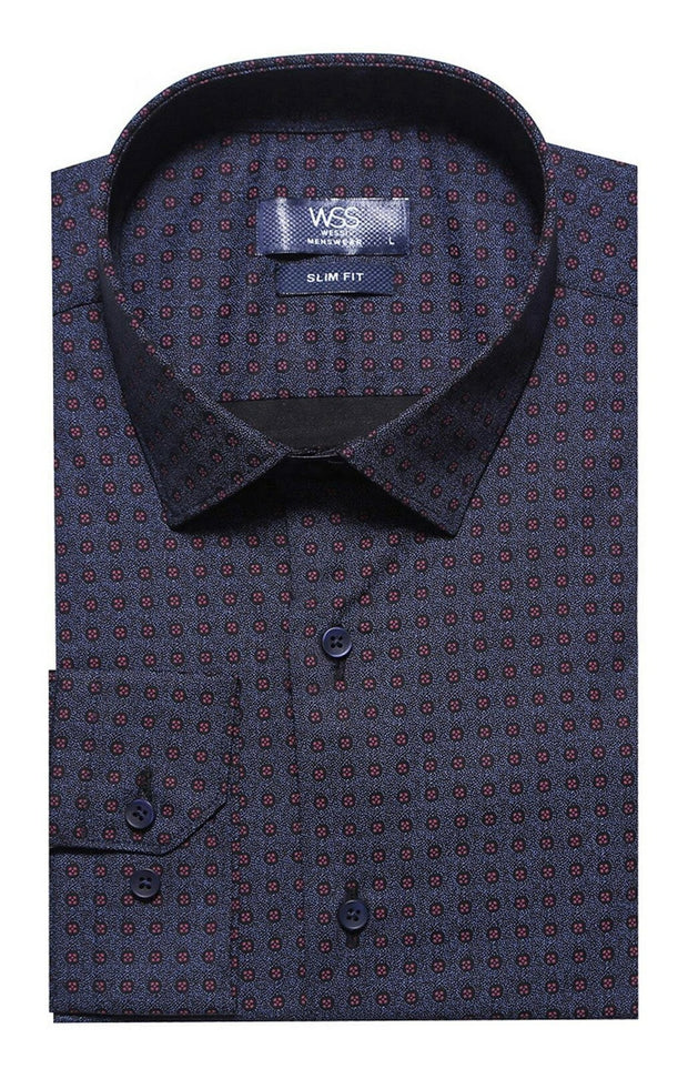 Self Burgundy Color Point Pattern Navy Blue Slimfit Shirt 3-piece-suit, Blue, Burgundy, Casual, Casual Shirt, Daily, Dot Patterned, Italian, Modern Fit, Navy, navy-blue, Patterned, Shirt, Sli