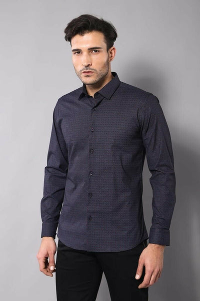 Self Burgundy Color Point Pattern Navy Blue Slimfit Shirt 3-piece-suit, Blue, Burgundy, Casual, Casual Shirt, Daily, Dot Patterned, Italian, Modern Fit, Navy, navy-blue, Patterned, Shirt, Sli