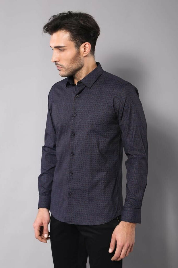 Self Burgundy Color Point Pattern Navy Blue Slimfit Shirt 3-piece-suit, Blue, Burgundy, Casual, Casual Shirt, Daily, Dot Patterned, Italian, Modern Fit, Navy, navy-blue, Patterned, Shirt, Sli