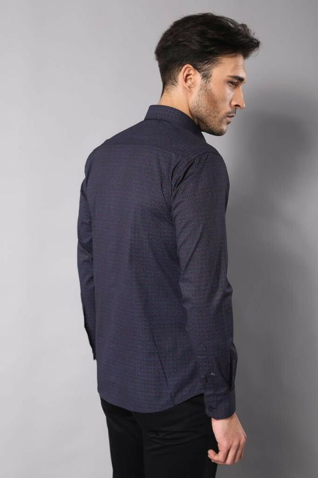 Self Burgundy Color Point Pattern Navy Blue Slimfit Shirt 3-piece-suit, Blue, Burgundy, Casual, Casual Shirt, Daily, Dot Patterned, Italian, Modern Fit, Navy, navy-blue, Patterned, Shirt, Sli
