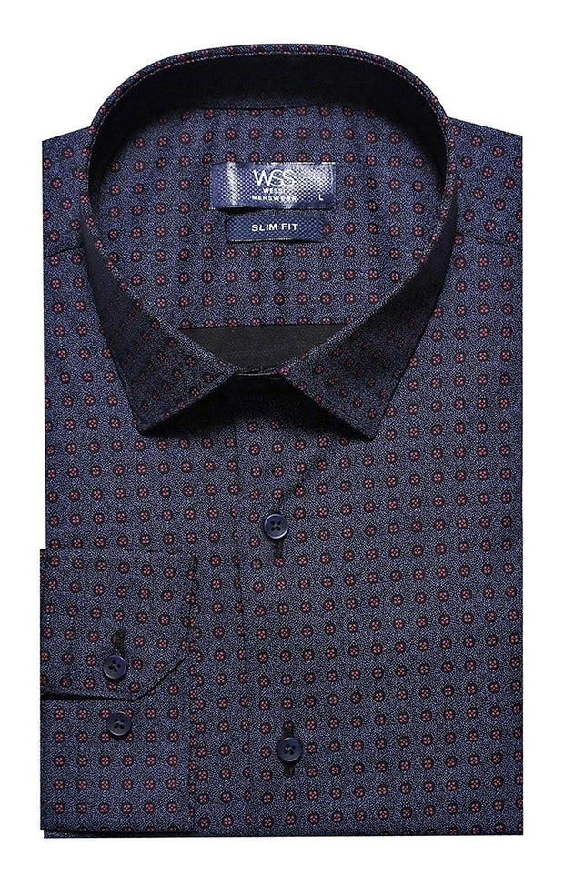 Self Burgundy Color Point Pattern Navy Blue Slimfit Shirt 3-piece-suit, Blue, Burgundy, Casual, Casual Shirt, Daily, Dot Patterned, Italian, Modern Fit, Navy, navy-blue, Patterned, Shirt, Sli